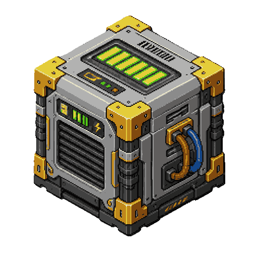 object: industrial energy battery module  large rechargeable power cell. brushed steel casing. gold reinforced corners. visible cooling vents. power indicators. energy cables. high-tech industrial appearance.