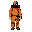 he is a man dressed in an orange anti-radiation suit, with a black backpack, a gas mask, a belt with a satchel on his right leg. he wears an electronic watch on his left wrist