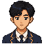 stardew valley style. korean teenage boy with netural expression and hair parted on the side.