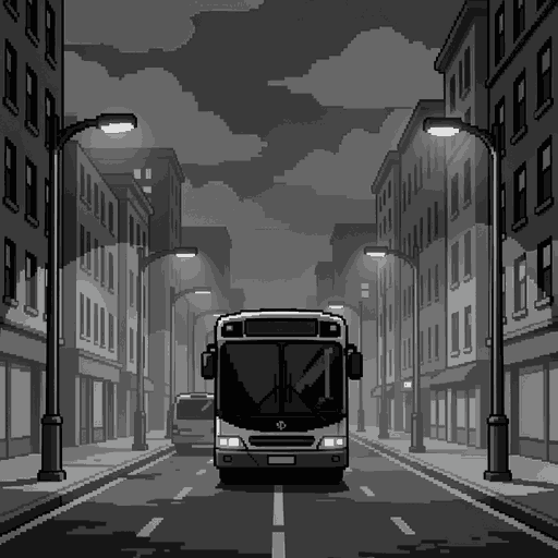 uma rua numa cidade nublada de noite com um nevoeiro e postes com luzes ligadas acima de um ponto de onibus onde um onibus esta estacionado em frente com varios predios dos lados como uma cidade grande só que sombria 