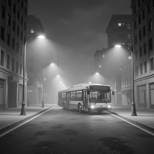 uma rua numa cidade nublada de noite com um nevoeiro e postes com luzes ligadas acima de um ponto de onibus onde um onibus esta estacionado em frente com varios predios dos lados como uma cidade grande só que sombria 