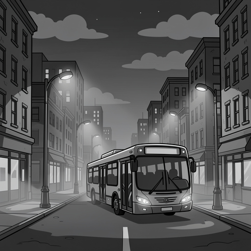 uma rua numa cidade nublada de noite com um nevoeiro e postes com luzes ligadas acima de um ponto de onibus onde um onibus esta estacionado em frente com varios predios dos lados como uma cidade grande só que sombria 