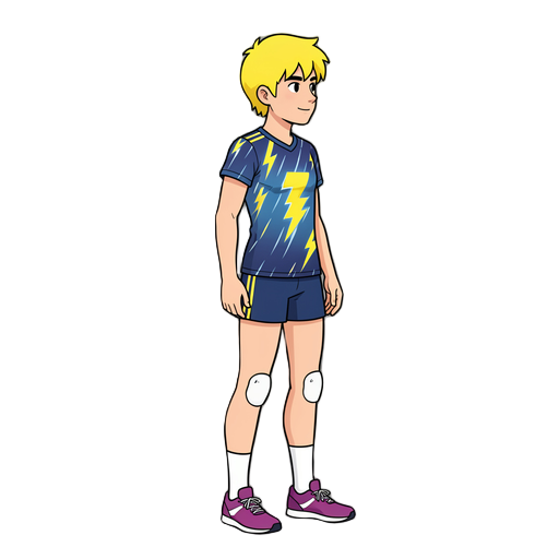 buat karakter 2d hd menggunakan jersey voli bertema petir, rambut kunint, dan tinggi 190cm, buat karakter mengarah kanan dengan full body