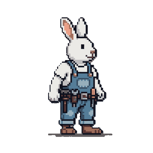 a rabbit wearing overalls, and a tool belt