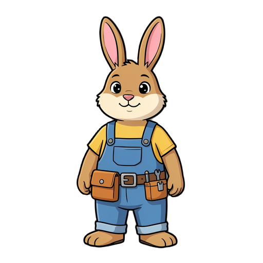 a rabbit wearing overalls, and a tool belt