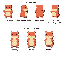 un hámster rojo con barriga crema y orejas redondas, mostrado en vistas frontal, trasera, lateral y diagonal. el hámster aparece de pie con las patas levantadas, con una expresión amigable. la hoja de sprites incluye variaciones para la animación, como ex