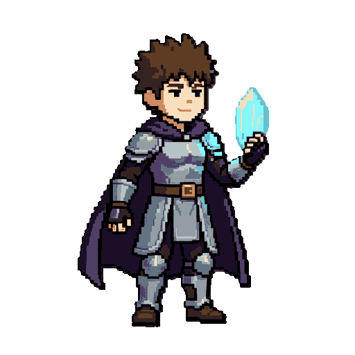a top-down to side-view, complete 2d pixel art character sprite sheet for a retro platformer game. a nimble humanoid figure in a dark purple cape, silver armored tunic, and fingerless gloves. the character has spiky brown hair and is carrying a shimmering