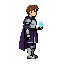 uma folha de sprites de personagem em pixel art 2d completa para um jogo de plataforma retro. visão de cima para o lado. uma figura humana ágil em uma capa roxa escura, túnica de armadura prateada e luvas sem dedos. o personagem tem cabelo castanho espeta