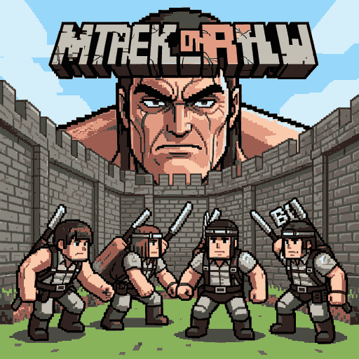 gere uma logo para um mod de minecraft com temática de attack on titan em estilo pixelart combinando com a estética do minecraft. quero o titan colossal olhando sobre as muralhas e membros da tropa de exploração indo infrentá-lo com a sigla btw na tela