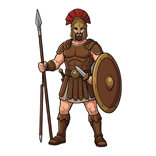 create a full-body image of an ancient greek warrior inspired by troy. he wears achilles’ helmet, bronze armor, a sword at his waist, and holds a spear and round shield. give him a strong, heroic build, a battle-ready stance, cinematic lighting, and a sim