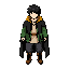 a youthful anime fantasy adventurer with fair skin, messy short black hair, soft gray eyes, and a confident smile. wearing a long black cloak with a mustard-yellow hood, green open jacket, beige tunic, loose dark pants, and brown lace-up boots. slim build