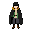 a youthful anime fantasy adventurer with fair skin, messy short black hair, soft gray eyes, and a confident smile. wearing a long black cloak with a mustard-yellow hood, green open jacket, beige tunic, loose dark pants, and brown lace-up boots. slim build