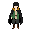 a youthful anime fantasy adventurer with fair skin, messy short black hair, soft gray eyes, and a confident smile. wearing a long black cloak with a mustard-yellow hood, green open jacket, beige tunic, loose dark pants, and brown lace-up boots. slim build