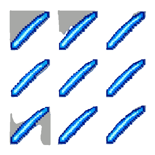 create a pixel art sprite sheet of a blue energy sword slash effect. 8 animation frames arranged horizontally. each frame is 64x64 pixels with a transparent background.  the sprite sheet should contain only the curved slash effect. do not include any char