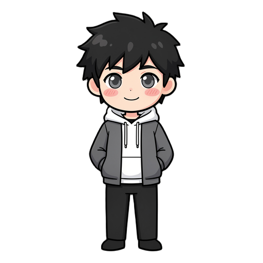cute chibi anime boy, messy black hair, large gray eyes, soft smile, light blush on cheeks, wearing a white hoodie under a dark gray jacket, black pants, hands in pockets, full body, clean white background, high quality, adorable, simple color palette.