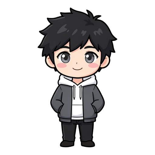 cute chibi anime boy, messy black hair, large gray eyes, soft smile, light blush on cheeks, wearing a white hoodie under a dark gray jacket, black pants, hands in pockets, full body, clean white background, high quality, adorable, simple color palette.