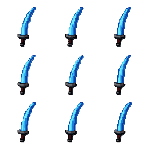 create a pixel art sprite sheet of a blue energy sword slash, 8 animation frames arranged horizontally. each frame is 64x64 pixels with a transparent background.  the slash is a vertical curved arc swinging from top to bottom (not horizontal). the effect 