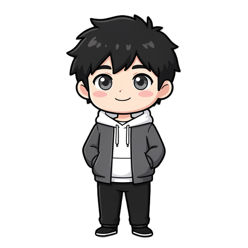 cute chibi anime boy, messy black hair, large gray eyes, soft smile, light blush on cheeks, wearing a white hoodie under a dark gray jacket, black pants, hands in pockets, full body, clean white background, high quality, adorable, simple color palette.