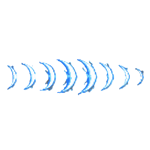 create a pixel art sprite sheet of a blue energy sword slash effect. 8 animation frames arranged horizontally. each frame is 64x64 pixels with a transparent background.  the sprite sheet should contain only the curved slash effect. do not include any char