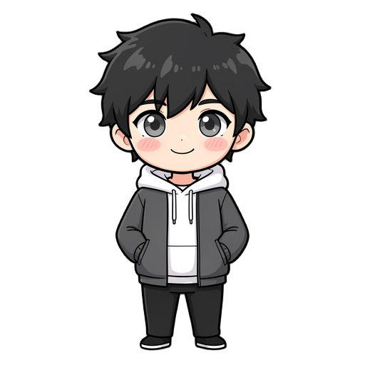 cute chibi anime boy, messy black hair, large gray eyes, soft smile, light blush on cheeks, wearing a white hoodie under a dark gray jacket, black pants, hands in pockets, full body, clean white background, high quality, adorable, simple color palette.