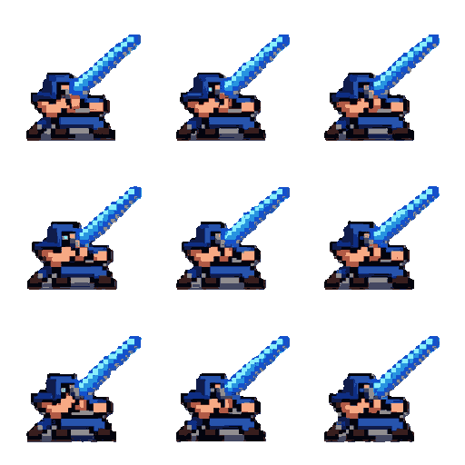 create a pixel art sprite sheet of a blue sword slash attack animation. 8 frames arranged horizontally. each frame is 64x64 pixels with a transparent background.  this effect represents a character performing a sword attack against an enemy positioned in 