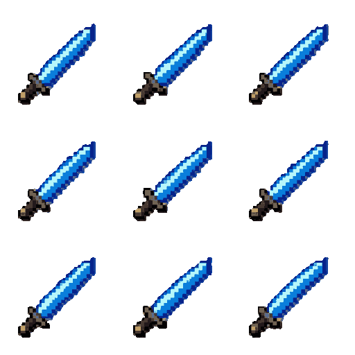 create a pixel art sprite sheet of a blue sword slash effect, 8 frames, transparent background, 64x64 each frame, consistent style, game-ready.