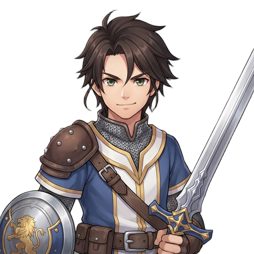 please create a full-body swordsman character for me, with a theme similar to ragnarok mobile, wielding a sword and shield.
