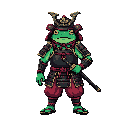 a heroic anthropomorphic frog samurai standing in a confident battle stance, wearing a traditional japanese samurai armor redesigned for a frog, with emerald green skin, bright golden eyes, and subtle amphibian details. the armor is dark lacquered black w
