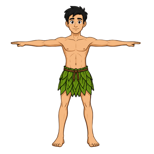 um homem de cabelo preto com uma saia de folhas, ele é magro, branco, usa apenas uma saia de folhas verdes amarrada na cintura