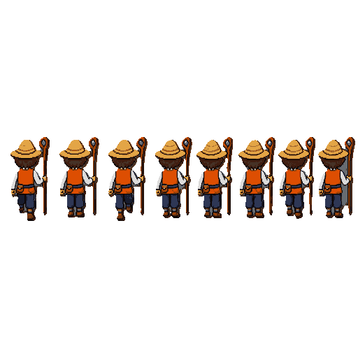 create a game-ready pixel art sprite sheet. the character is a wizard/adventurer  from behind, wearing a straw hat, orange vest, and holding a staff.   the sprite sheet should contain 8 frames in a horizontal layout (8 columns, 1 row): - frame 1-3: walkin