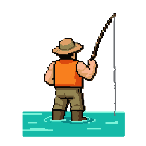 pixel art fisherman from behind, wearing straw hat and orange vest, muscular build, holding fishing rod upward, fishing in turquoise water, high quality sprite art, similar to reel fishing 2, retro game aesthetic, professional pixel art game character