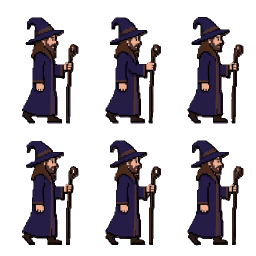 create a pixel art sprite sheet animation for a wizard character walking.  profile view (side view), facing right.  8 animation frames in a single horizontal row (8 columns x 1 row): - all 8 frames: consistent walking animation - the wizard always holds a