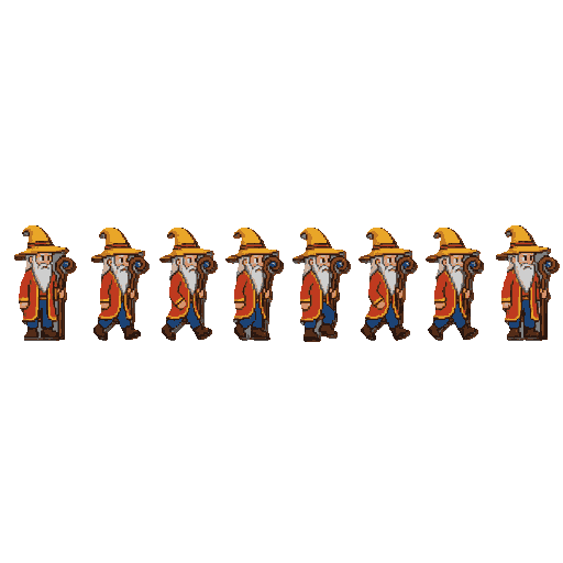 create a pixel art sprite sheet animation for a wizard character viewed from the side (profile view). the wizard wears a straw/golden hat, orange-red robe, blue pants, and carries a staff.  generate exactly 8 animation frames in a single horizontal row (8