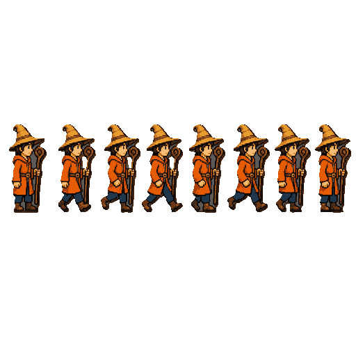 create exactly 8 pixel art frames in one horizontal row (8 columns, 1 row). walking wizard animation, side profile.  orange robe, straw hat, blue pants, wooden staff. all frames perfectly aligned. walking cycle with legs moving smoothly. 64x64 pixels each