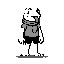 a humanoid white frog with his black tongue wrapped around his neck
