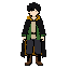 a youthful anime fantasy adventurer with fair skin, messy short black hair, soft gray eyes, and a confident smile. wearing a long black cloak with a mustard-yellow hood, green open jacket, beige tunic, loose dark pants, and brown lace-up boots. slim build