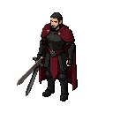 a 2.5d isometric mmorpg character, dark fantasy knight, black plate armor, red cape, long sword, 45-degree top-down camera view, old-school korean mmorpg style, pre-rendered 3d sprite look, full body, game asset, highly detailed, clean background, "south"