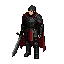 a 2.5d isometric mmorpg character, dark fantasy knight, black plate armor, red cape, long sword, 45-degree top-down camera view, old-school korean mmorpg style, pre-rendered 3d sprite look, full body, game asset, highly detailed, clean background