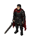 a 2.5d isometric mmorpg character, dark fantasy knight, black plate armor, red cape, long sword, 45-degree top-down camera view, old-school korean mmorpg style, pre-rendered 3d sprite look, full body, game asset, highly detailed, clean background