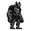 a colossal, terrifying fantasy boss designed for a dark 2d action platformer. the creature towers over everything, with an impossibly muscular and ancient physique carved from black stone, cracked obsidian, and glowing molten veins. massive shoulders, gig