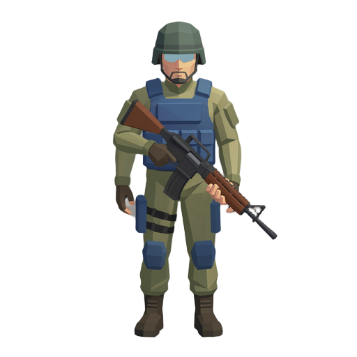 counter-strike ct soldier top-down view, holding rifle, blue tactical vest, helmet, game sprite