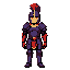 sprite de arte em pixel de um cavaleiro de pé, com armadura de placas roxa-escura, olhos vermelhos brilhantes, pluma de capacete vermelha grande, detalhes dourados no colarinho e manoplas vermelhas vivas, estilo de jogo retrô de 16 bits