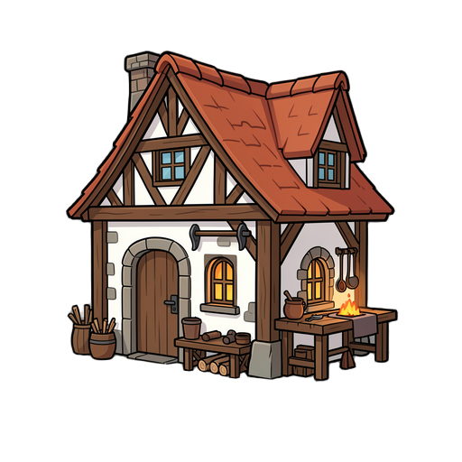 a medieval house 2d for a blacksmith job, whit forge and table