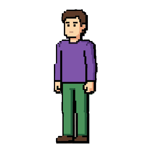 tall man with purple shirt brown hair and green pants
