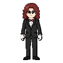 um personagem de cabelo ruivo escuro ondulado e grande com costeleta, olhos demoníacos pretos com pupilas brancas, óculos, terno preto com gravata borboleta vermelha, luvas brancas na mão, calça preta, e sapatos pretos 