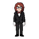 um personagem de cabelo ruivo escuro ondulado cheio com costeleta, olhos com pupilas brancas e íris preta, óculos, terno preto com gravata borboleta vermelha, luvas brancas na mão, calça preta, e sapatos pretos 