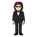 um personagem de cabelo ruivo escuro e grande com costeleta, olhos demoníacos pretos com pupilas brancas, óculos, terno preto com gravata borboleta vermelha, luvas brancas na mão, calça preta, e sapatos pretos 