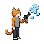 sprite de um gato, facing right, girando uma manivela ligada a uma arma que atira bolhas (bolhas de um jogo bubble shooter) apontando para cima (onde fara os disparos para o jogo bubble shooter)