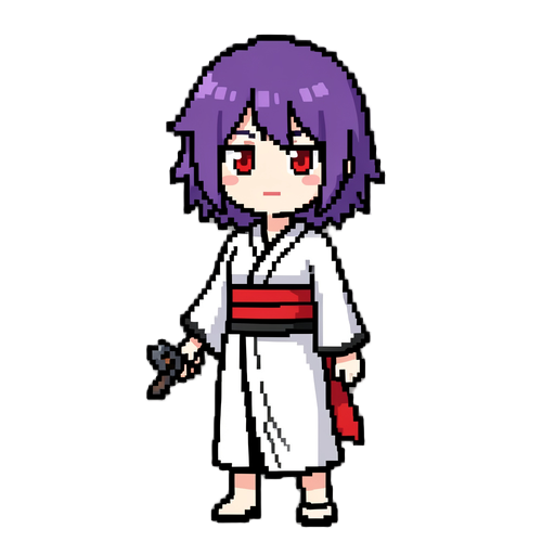 "anime girl, short purple messy hair, red eyes, pale skin, white and black outfit with red obi/sash, holding a small dark weapon, standing pose, pixel art, game sprite, transparent background"