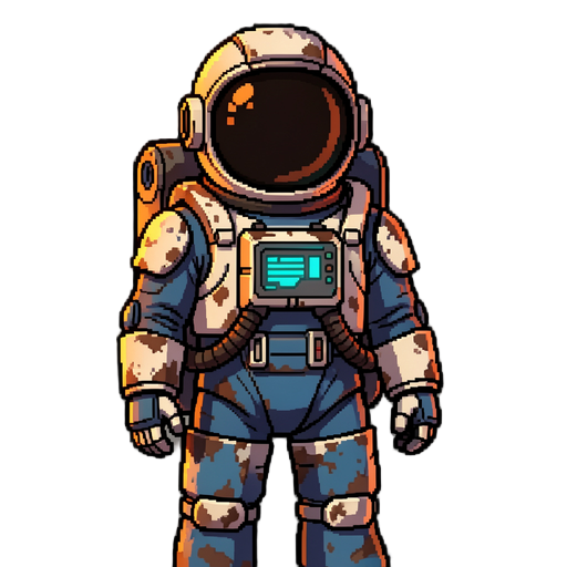 astronauta com traje espacial robusto, estilo pixel art avançado,  armadura azul e branca desgastada, tanque de oxigênio nas costas,  capacete arredondado com viseira escura refletiva,  iluminação quente de pôr do sol marciano,  detalhe tecnológico ciano 